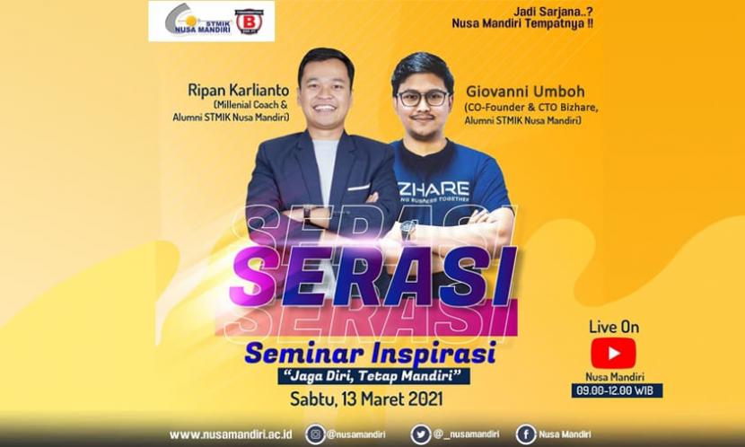 Mahasiswa baru STMIK Nusa Mandiri akan mengikuti kegiatan Seminar Inspirasi (Serasi) 2021, tanggal 13 Maret 2021.