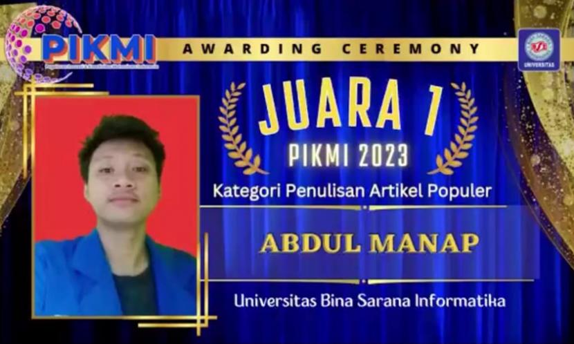 Mahasiswa Kampus Digital Kreatif Universitas BSI (Bina Sarana Informatika) kampus Cikampek meraih juara pertama dalam Pagelaran Inovasi dan Kreativitas Mahasiswa Indonesia (PIKMI) 2023 kategori Artikel Populer.