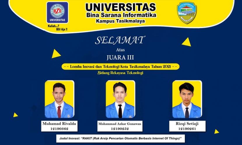 Mahasiswa Universitas Bina Sarana Informatika (UBSI) kampus Tasikmalaya, meraih juara dalam lomba Inovasi dan Teknologi dengan fokus inovasi bidang Rekayasa Perangkat Lunak (RPL), Senin (6/9) kemarin.