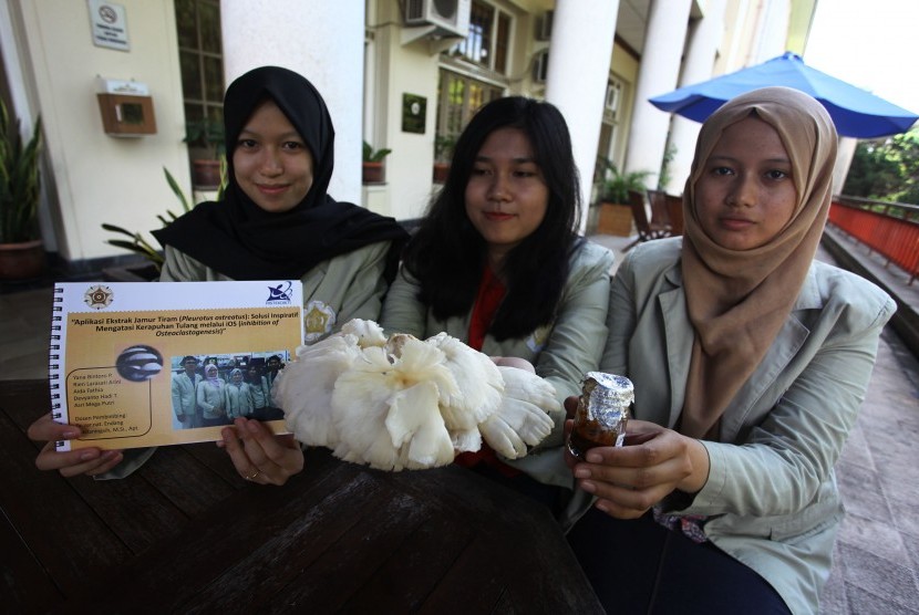 Mahasiswa Universitas Gadjah Mada (UGM) menunjukan hasil penelitian aplikasi ekstrak jamur tiram (Pleurotus Ostreatus) di UGM, Jumat (29/7).