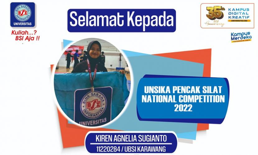 Mahasiswi Universitas BSI (Bina Sarana Informatika) kampus Karawang kembali menorehkan prestasinya pada kejuaraan Unsika Pencak Silat National Competition 2022 yang diselenggarakan pada 24 – 26 November 2022.