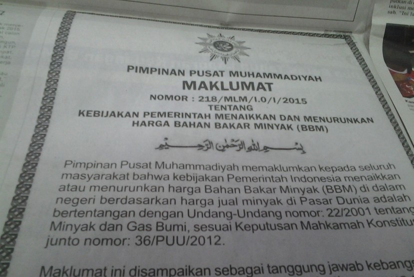 Maklumat Muhammadiyah tentang harga BBM.