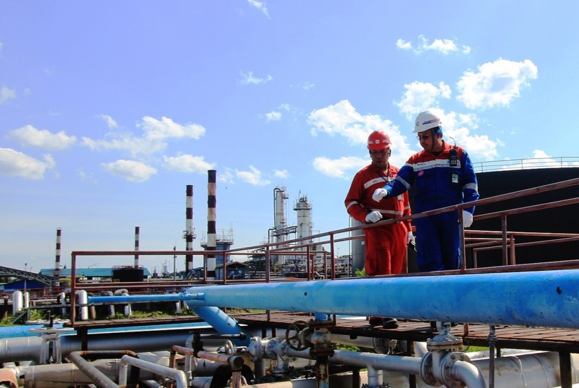 Manager Production Pertamina RU II Sei Pakning, Nirwansyah (kanan), mininjau areal kerja kilang pengolahan minyak mentah yang berada di Sungai Pakning, Bengkalis, Riau, Selasa (17/10).
