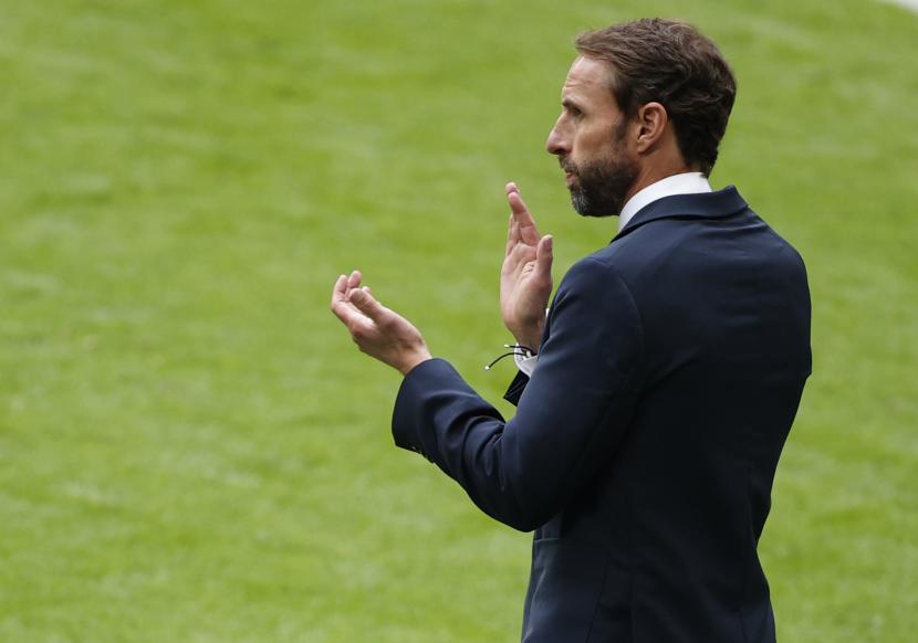 Manajer Inggris Gareth Southgate bereaksi selama pertandingan sepak bola babak 16 besar UEFA EURO 2020 antara Inggris dan Jerman di London, Inggris, 29 Juni 2021. 