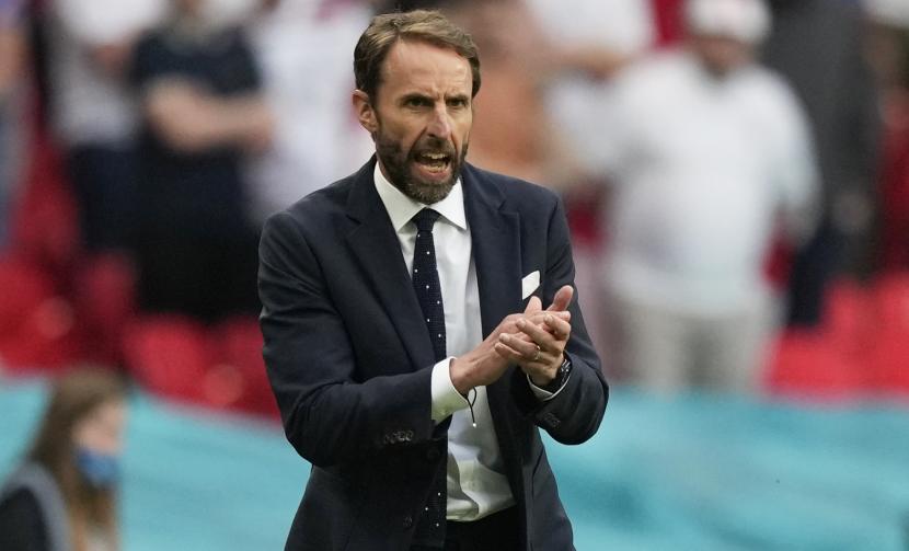 Manajer Inggris Gareth Southgate bereaksi selama pertandingan sepak bola babak 16 besar UEFA EURO 2020 antara Inggris dan Jerman di London, Inggris, 29 Juni 2021. 