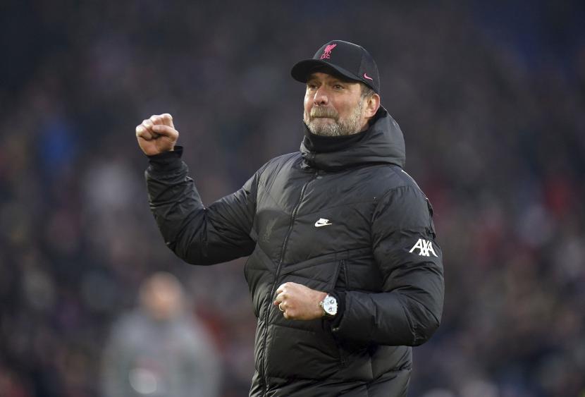 Manajer Liverpool Jurgen Klopp merayakan kemenangan timnya. Liverpool mengalahkan Norwich, 3-1, Sabtu (19/2/2022).