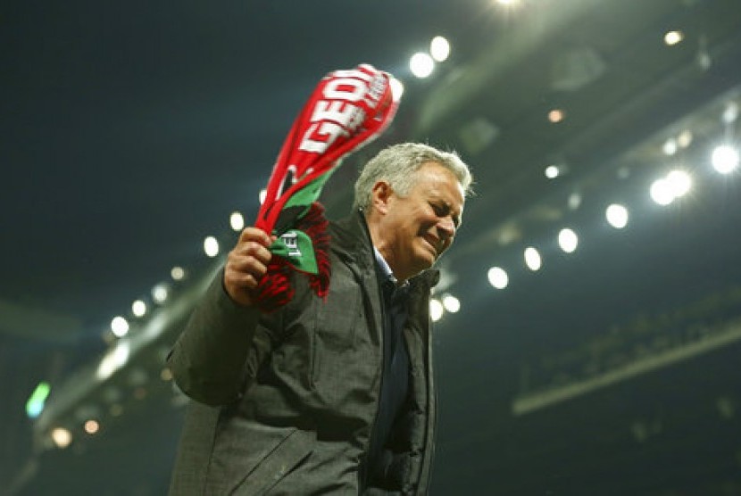 Manajer Manchester United Jose Mourinho merayakan kemenangan atas Celta Vigo setelah MU menang 2-1 di semifinal leg kedua di Old Trafford, Manchester, Kamis, 11 Mei 2017. MU melaju ke babak final Liga Europa.