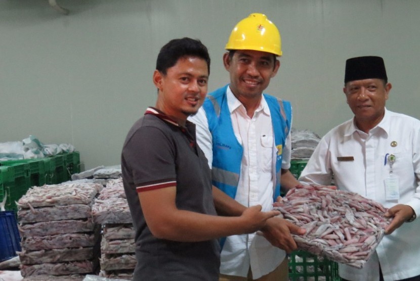 Manajer Perum Perikanan Indonesia (Perindo) Unit Natuna, Yogi Adri (kiri), menunjukkan cumi yang sudah dimasak dalam cold storage bersuhu minus 40 derajat Celcius kepada Manager SDM dan Umum PLN Wilayah Riau dan Kepulauan Riau, Dwi Suryo Abdullah (tengah), di Natuna, Kepulauan Riau, Kamis (19/10).