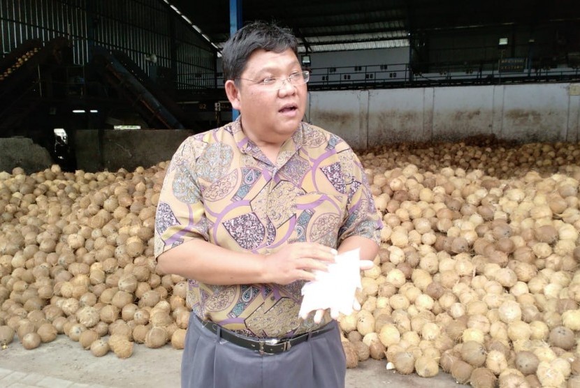 Manajer Quality Control PT Royal Coconut Marwan Tjepuh, memegan sampel produk tepung kelapa. (Foto: Agus Yulianto/Republika)