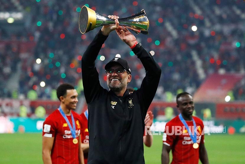 Manajer Tim Liverpool Juergen Klopp merayakan kemenangan usai laga fina FIFA Club World Cup 2019  antara Liverpool FC melawan CR Flamengo, di Doha, Qatar, Sabtu (21/12) dini hari 