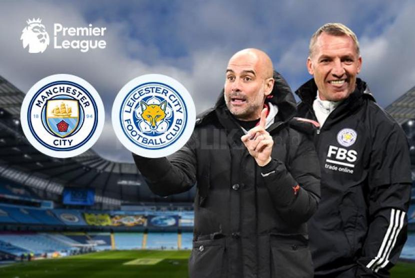 Manchester City Vs Leicester City. Adu taktik serang pelatih Man City Pep Guardiola vs pelatih Leicester Brendan Rodgers (kanan).