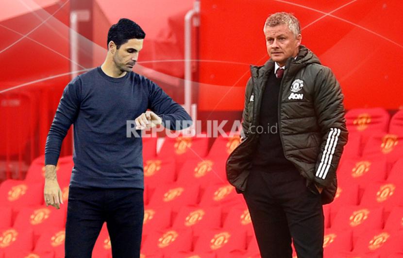 Pelatih Arsenal Mikel Arteta dan pelatih Man United Ole Gunnar Solskjaer (kanan).