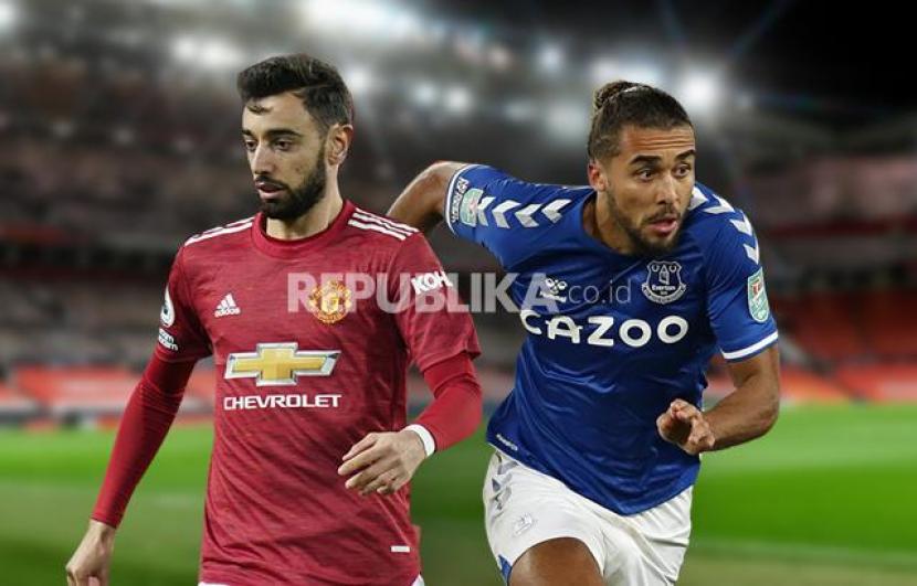 Pemain Manchester United Bruno Fernandes	 Vs pemain Everton Dominic Calvert-Lewin (kanan).