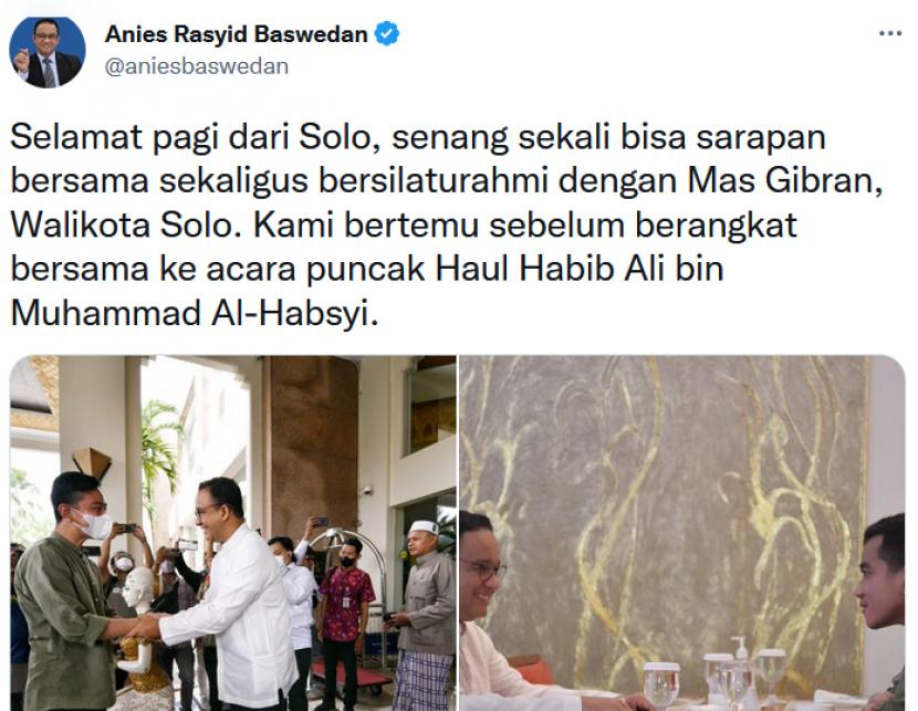 Mantan Gubernur DKI Anies Baswedan sarapan bersama Wali Kota Solo, Gibran Rakabuming Raka, Selasa (15/11/2022). Pengamat politik dari UNS menilai pertemuan Anies-Gibran menguntungkan kedua pihak.