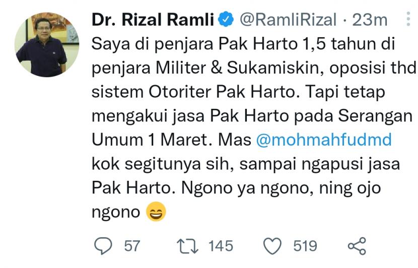 Mantan Menko Maritim Rizal Ramli mengkritik Mahfud MD soal dihapuskannya jejak Letkol Soeharto.