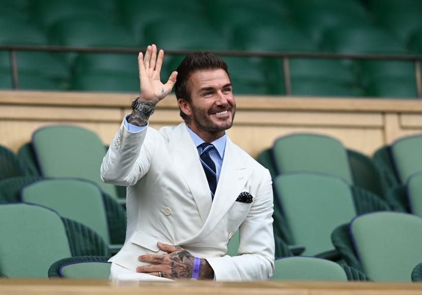  Mantan pemain sepak bola Inggris David Beckham tiba untuk pertandingan semi final Putra di Kejuaraan Wimbledon, Wimbledon, Inggris 09 Juli 2021.