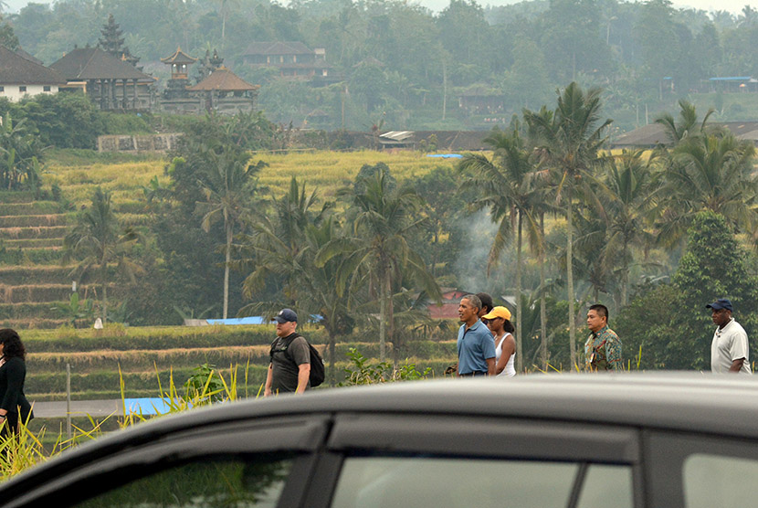 Mantan Presiden Amerika Serikat Barack Obama (ketiga kiri) berjalan bersama keluarga saat berkunjung ke objek wisata Jatiluwih, Tabanan, Bali, Ahad (25/6).