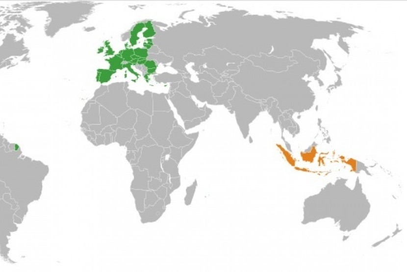 Map of European Union countries (in green) and Indonesia (in orange)