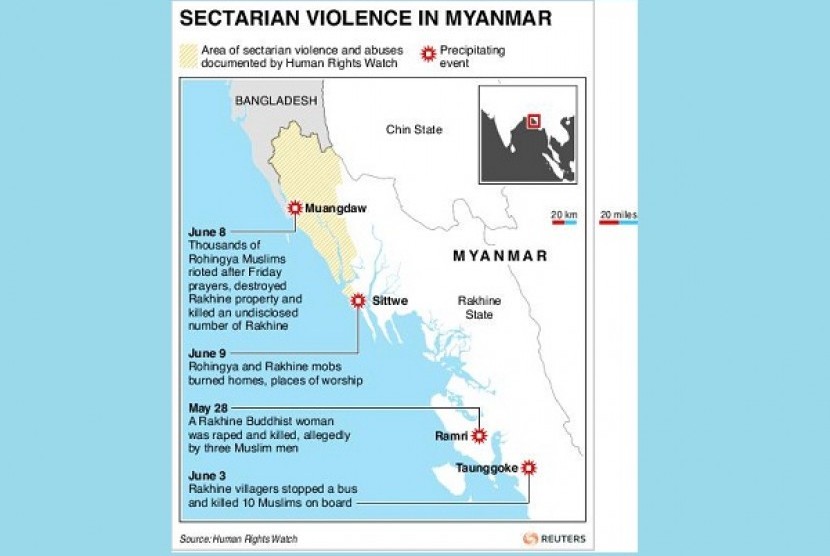 Map of Rakhine state in Myanmar locating flashpoints of violence between Rohingya Muslims and Rakhine. 