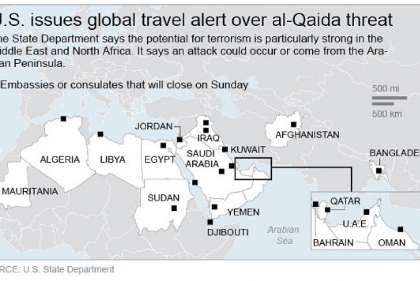 Map shows US embassies and consulates that will close. (graphic)