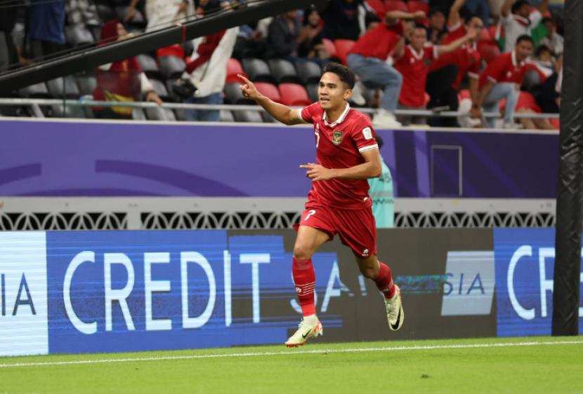 Marselino Ferdinan merayakan golnya ke gawang Irak di Piala Asia.