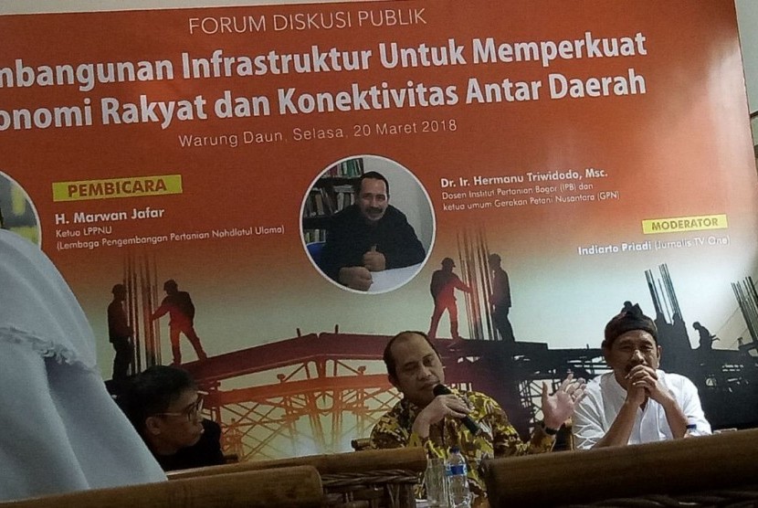 Marwan Jafar selaku Ketua LPPNU dalam forum diskusi Pembangunan Infrastruktur untuk Memperkuat Ekonomi Rakyat dan Konektivitas Antar Daerah di Jakarta Selasa (20/3) siang.