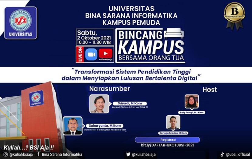 Masih dalam rangkaian PKKMB (Pengenalan Kehidupan Kampus bagi Mahasiswa Baru), Universitas BSI (Bina Sarana Informatika) kampus Pemuda akan menggelar acara BKOT (Bincang Kampus Bersama Orang Tua).