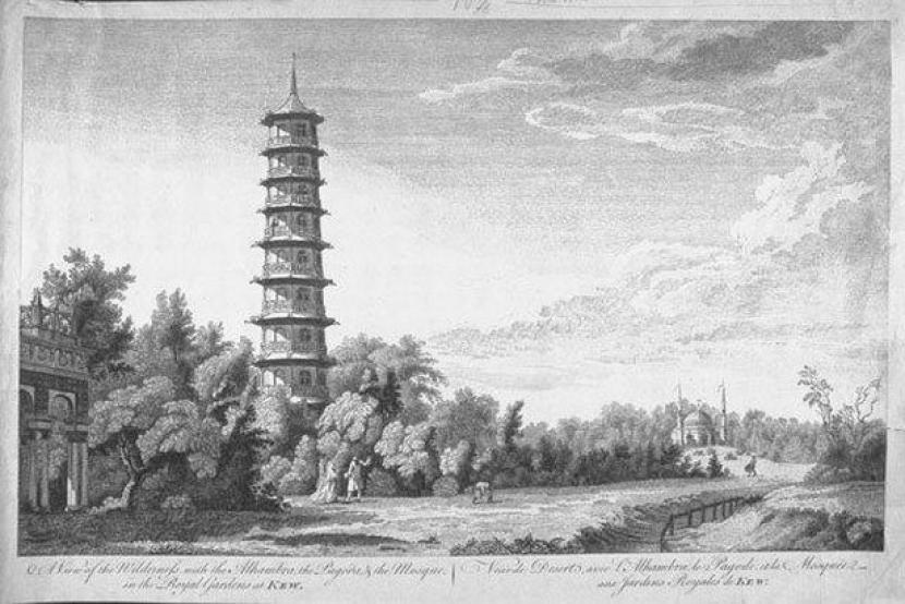 Masjid pertama di London, Inggris terlihat di kejauhan dalam ilustrasi pagoda di Kew Gardens. Pagoda tersebut masih ada sampai sekarang, sedangkan masjid sudah tidak ada. Masjid berarsitektur Ottoman itu dibangun pada pada 1761. Kisah Masjid Pertama di London yang Terlupakan, Dibangun 260 Tahun Lalu