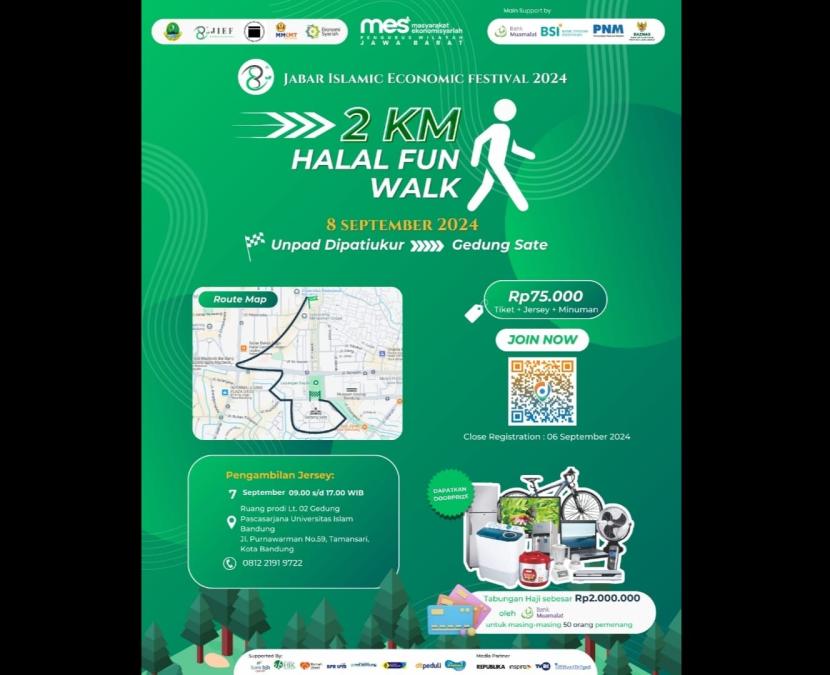 Masyarakat Ekonomi Syariah (MES) Jawa Barat menyelenggarakan Halal Fun Walk Jabar Islamic Economic Festival di halaman Gedung Sate, Kota Bandung, (8/9/2024)., 