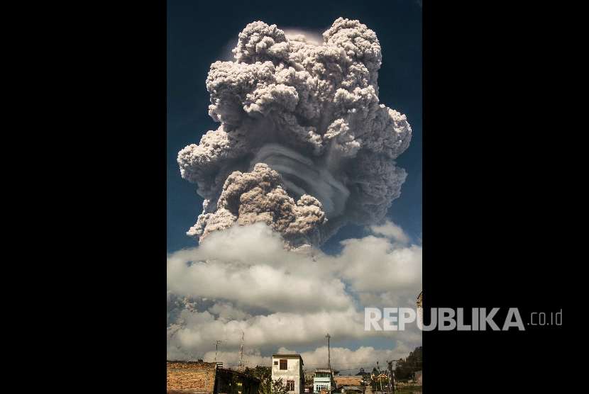 Mount Sinabung erupts volcanic material, in Karo, North Sumatra, Monday. 