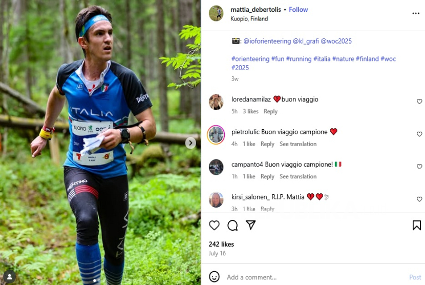 Mattia Debertolis. Tampak dalam akun Instagram pribadinya, para netizen mulai menyampaikan duka cita, Selasa (12/8/2025).