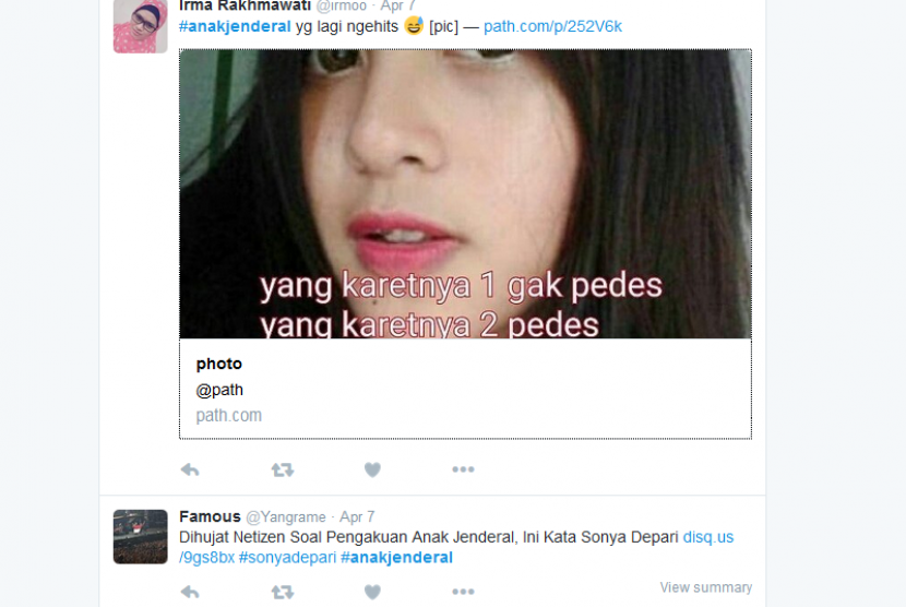 Media sosial seperti Twitter sempat diramaikan dengan tagar #AnakJenderal yang ditujukan untuk Sonya Ekarina Depari yang mengaku anak jenderal saat ditilang polisi di Medan