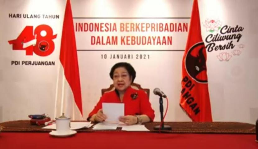Megawati dalam perayaan HUT ke-48 PDIP yang digelar secara daring, Ahad (10/1).
