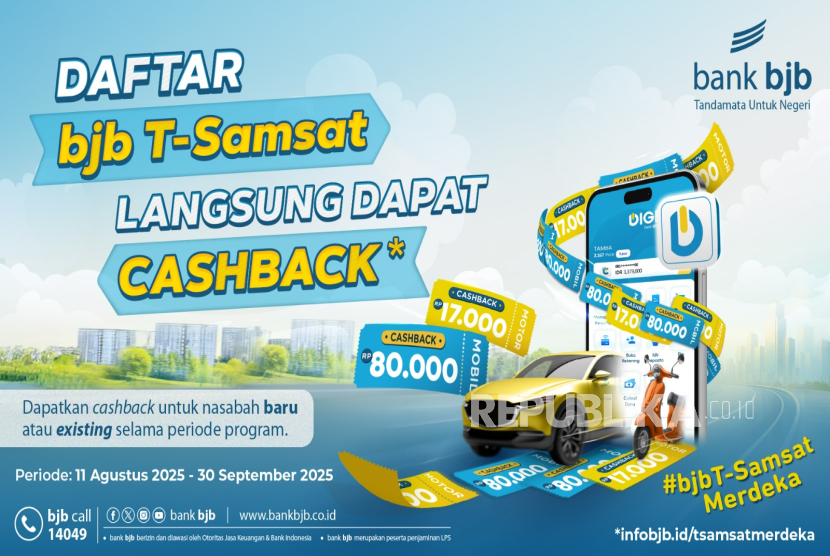 Melalui program bjb T-Samsat Merdeka 2025, nasabah berkesempatan mendapatkan cashback hanya dengan melakukan pendaftaran layanan bjb T-Samsat.