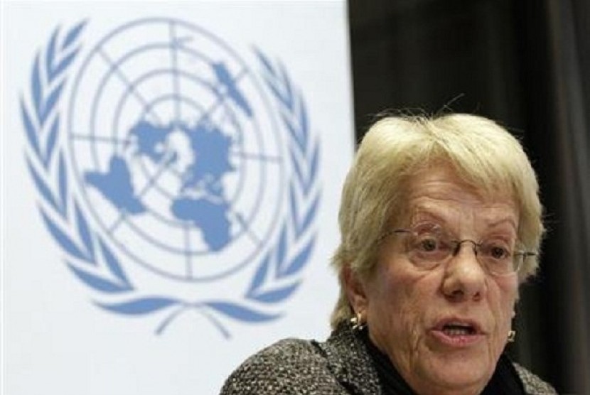 Member of the Commission of Inquiry on Syria Carla del Ponte addresses a news conference at the United Nations European headquarters in Geneva on Monday.