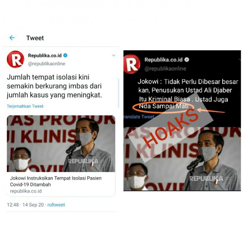 Meme Presiden Jokowi yang mengomentari kasus Syekh Ali Jaber dan mencatut berita Republika.co.id adalah hoaks. Meme hoaks itu merusak reputasi Republika dan menciptakan suasana tidak kondusif.