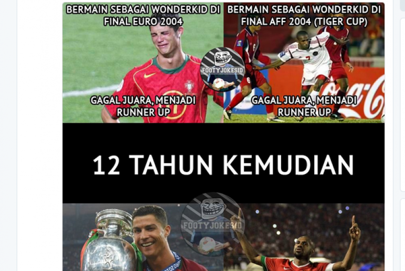 Meme yang menyamakan aksi Kapten Timnas Indonesia, Boaz Solossa dengan Kapten Portugal, Cristiano Ronaldo di Euro 2016.