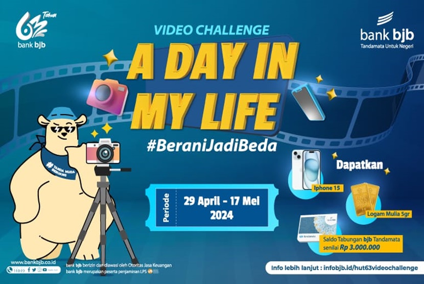 Memperingati ulang tahunnya yang ke-63, bank bjb menghadirkan kesempatan istimewa bagi Sahabat bjb dengan menggelar Video Challenge A Day In My Life dengan tema BeraniJadiBeda. Dalam rangka merayakan momen spesial ini, bank bjb menantang kreativitas Sahabat bank bjb dalam membuat video yang menggambarkan kegiatan sehari-hari dengan sentuhan khusus dari bank bjb.