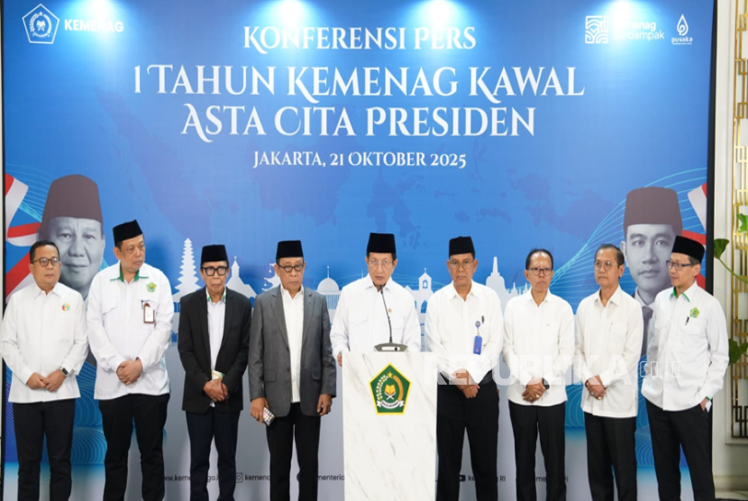 Menag Nasaruddin Umar dalam refleksi satu tahun perjalanan Kemenag mengawal Asta Cita, di Jakarta, Selasa (21/10/2025).