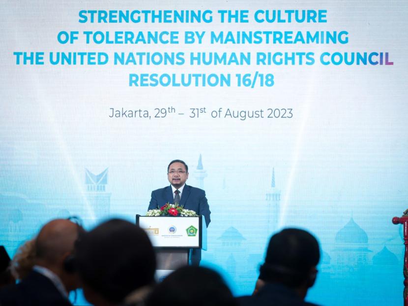 Menag Yaqut saat memberikan sambutan pada pembukaan Jakarta Plurilateral Dialogue (JPD) 2023 di Jakarta, Selasa (29/8/2023).
