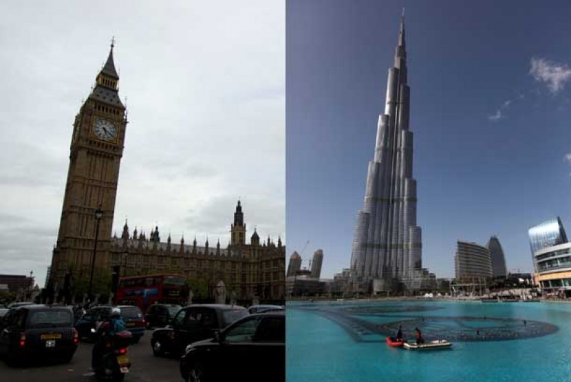 Menara Jam Big Ben di London (kiri) dan Menara Burj Khalifa di Dubai (kanan) 