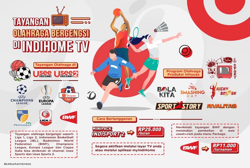 Mengawali tahun 2021, PT Telkom Indonesia (Persero) Tbk (Telkom) kembali menghadirkan tayangan yang paling ditunggu oleh pecinta olahraga tanah air. Kali ini IndiHome menghadirkan berbagai program tayangan olahraga di Channel Usee Sports 1 dan Usee Sports 2 yang dapat dinikmati kapan saja dan di mana saja.