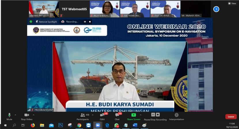 Menhub Budi Karya S dalam acara International Symposium On E-Navigation secara virtual pada tanggal 10 Desember 2020 di Jakarta. 