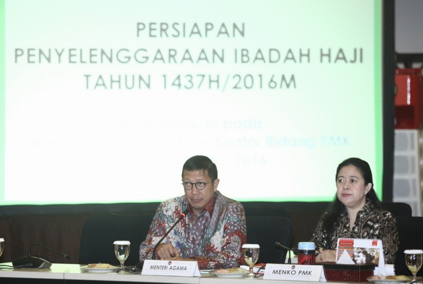 Menko PMK, Puan Maharani dan Menag, Lukman Hakim Saifuddin mengikuti Rakor Persiapan Penyelenggara Haji 2016 di Kantor Kemeko PMK, Rabu (18/5).