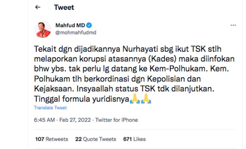 Menko Polhukam lewat akun twitter mengatakan status tersangka Nurhayati dicabut.