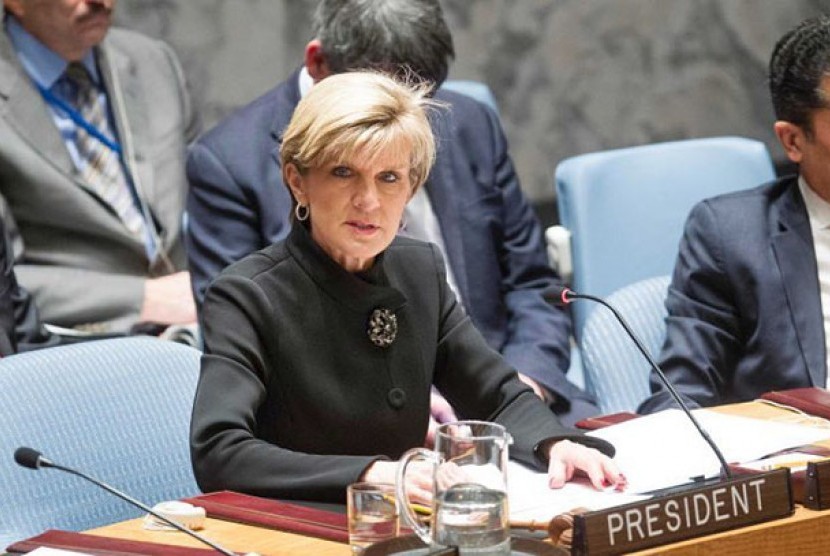  Menlu Julie Bishop dalam sebuah pertemuan PBB. Ia dijadwalkan tiba di Iran pekan ini, untuk melobi pemerintah Iran.