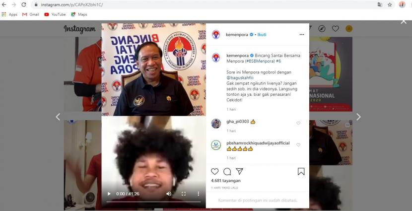 Menpora Zainudin Amali menggelar telewicara bersama Bagus Kahfi di akun Instagram Kemenpora, Sabtu (16/5).