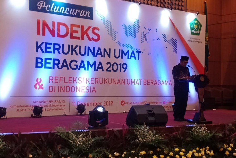 Menteri Agama Fachrul Razi saat menyampaikan indeks Kerukunan Umat Beragama (KUB) 2019, di Kementerian Agama, Jakarta, Rabu (11/12). Indeks KUB naik sebesar 73,83, naik tipis dari 2018 sebesar 70. 