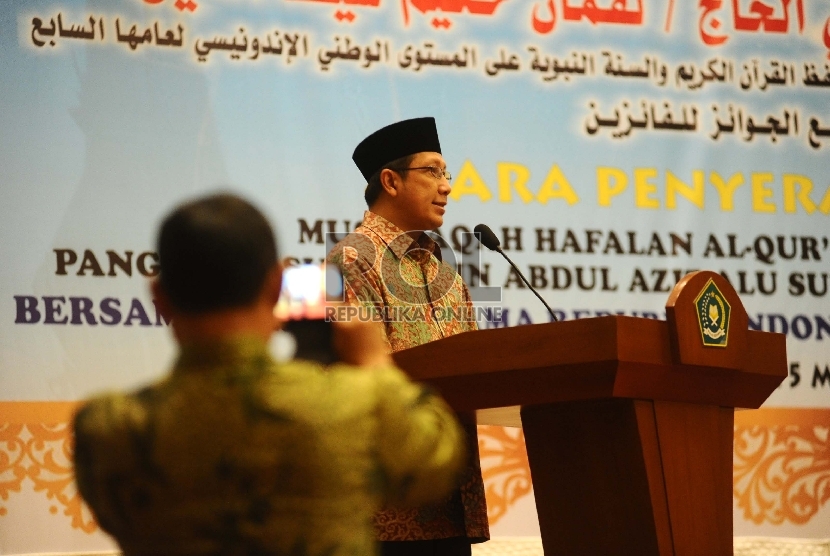Menteri Agama Lukman Hakim Saifuddin berbicara saat menutup Musabaqah hafalan dan hadis tingkat nasional di kantor Kemenag, Jakarta, Selasa (11/3). 
