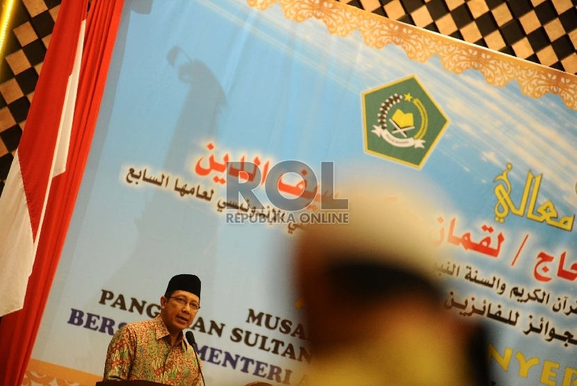 Menteri Agama Lukman Hakim Saifuddin berbicara saat menutup Musabaqah hafalan dan hadis tingkat nasional di kantor Kemenag, Jakarta, Selasa (11/3).